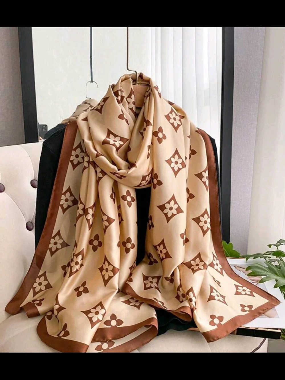 Luxury Beige Brown Monogram Scarf - Designer Inspired 70.9
